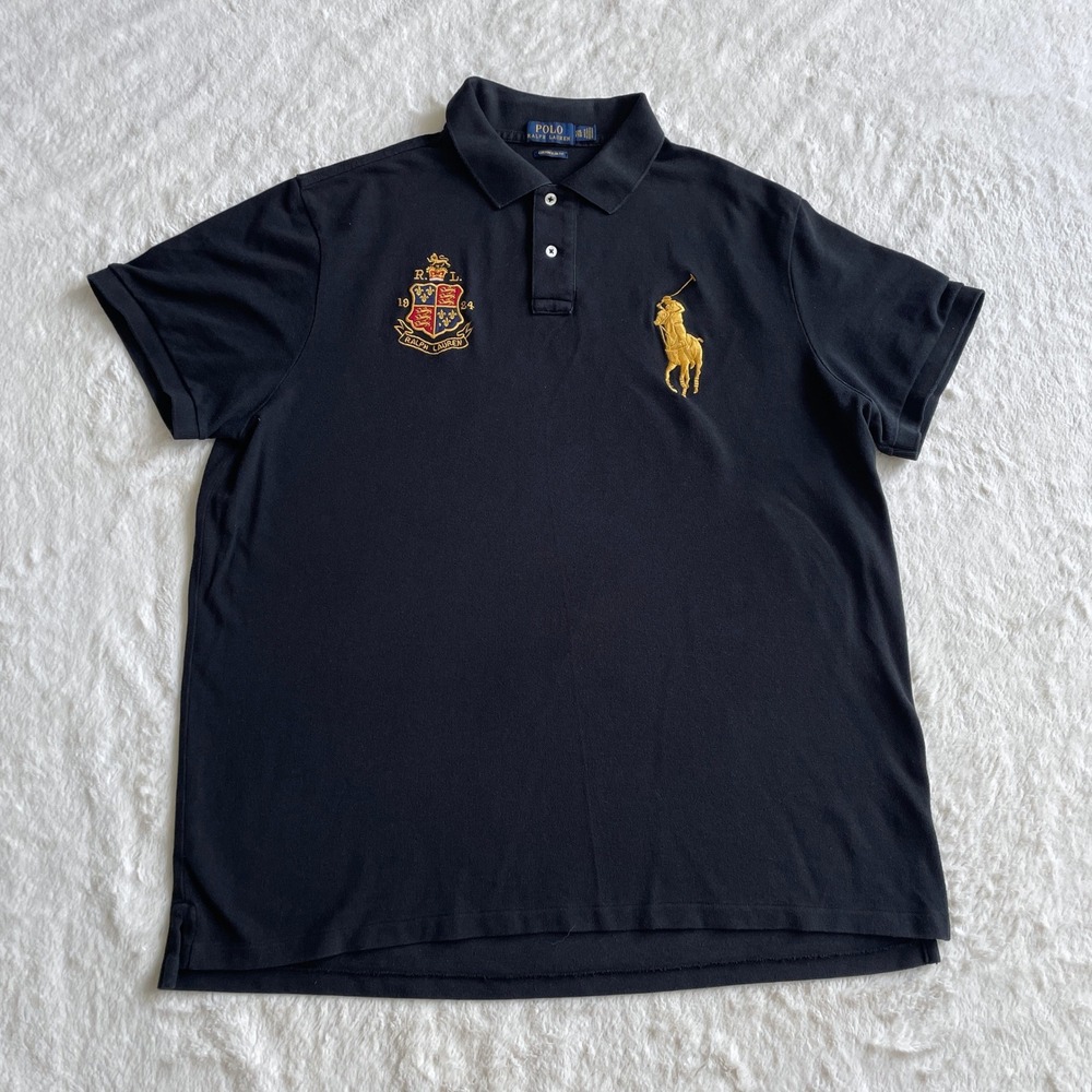 Polo Ralph Lauren Custom Slim Fit Big Pony Crest Polo Shirt Black XXL Gold Logo